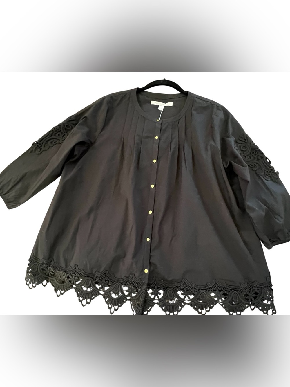 Lauren Conrad Button-Front Top with Lace Sleeves and Hem Size L NWT